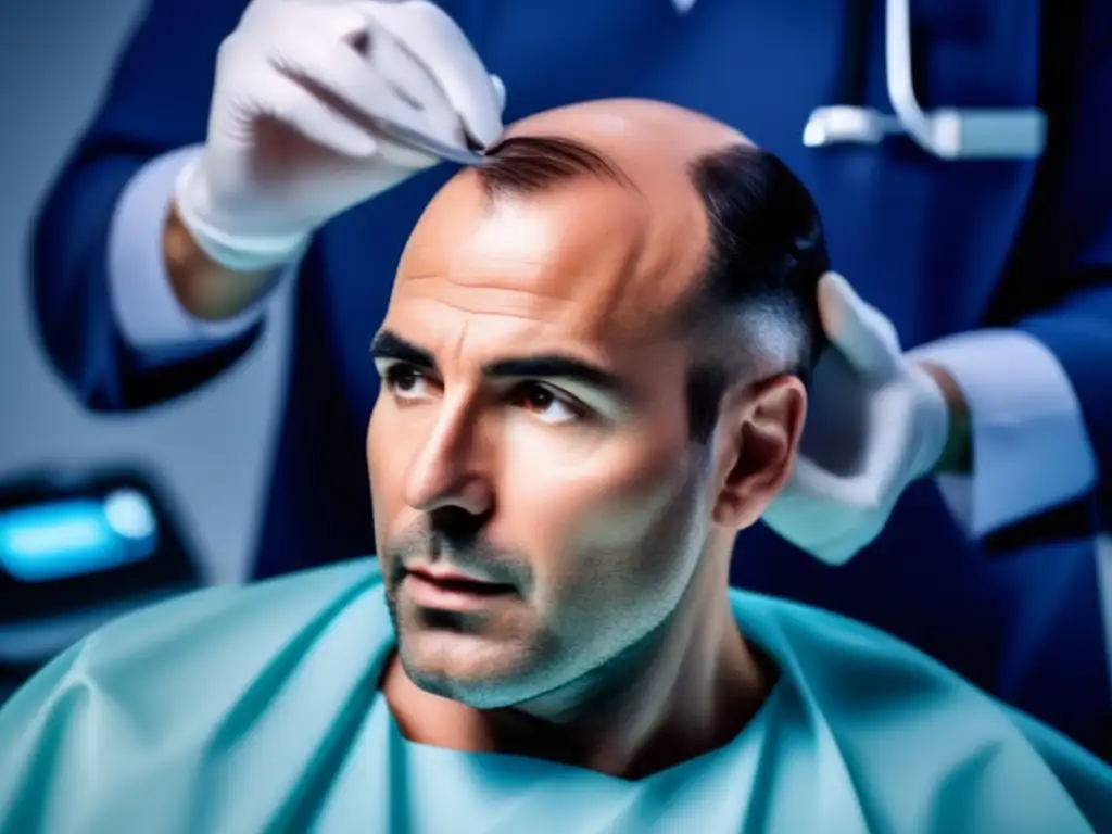 Examen detallado de trasplante capilar por experto médico Un médico examina con cuidado el cuero cabelludo de un receptor de trasplante capilar, demostrando profesionalismo y prevención infecciones trasplante capilar