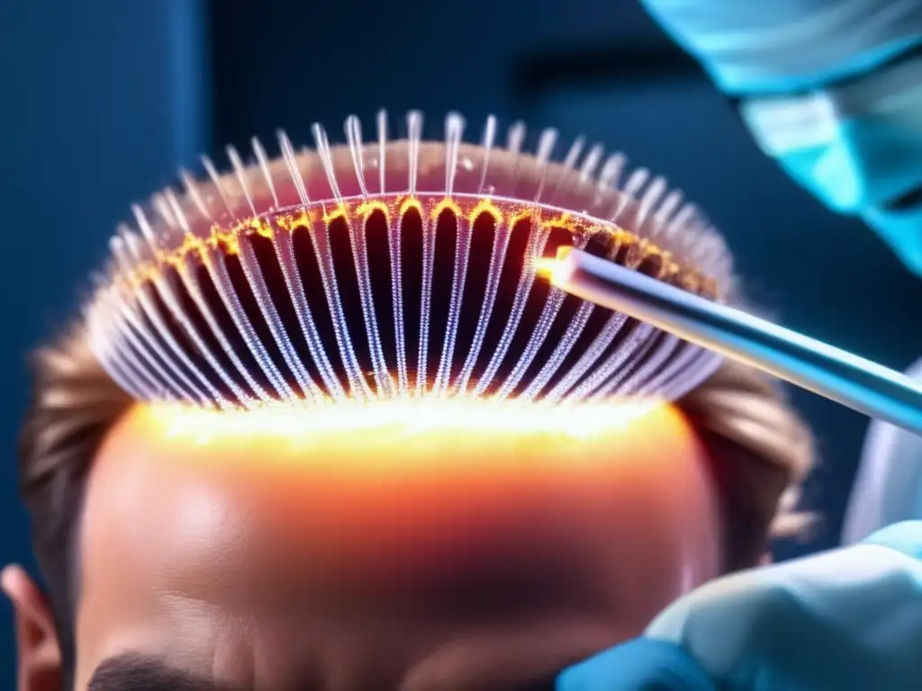 Un meticuloso trasplante capilar en una sala de operaciones moderna, tratando la alopecia genética con precisión y tecnología innovadora.