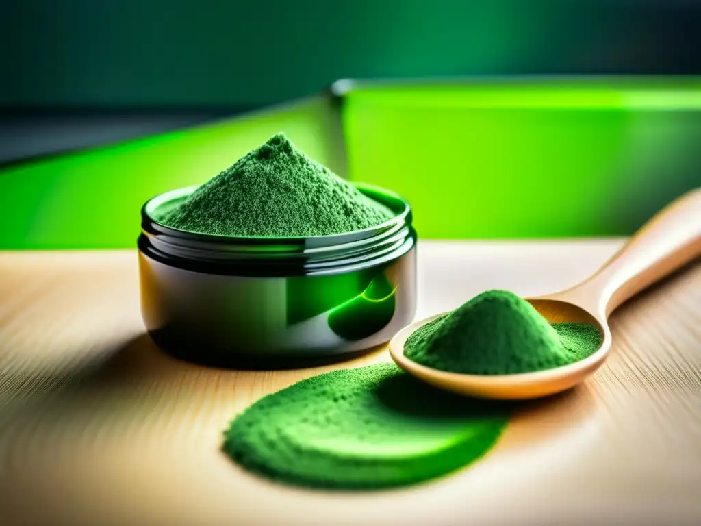 Mezcla precisa de mascarilla capilar con spirulina en polvo, resaltando los beneficios spirulina para caída cabello en una imagen de bienestar moderno