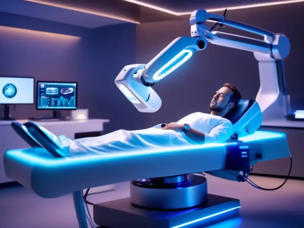 Un microinjerto capilar asistido por robots en un entorno futurista y profesional, con equipo médico avanzado y una suave iluminación azul
