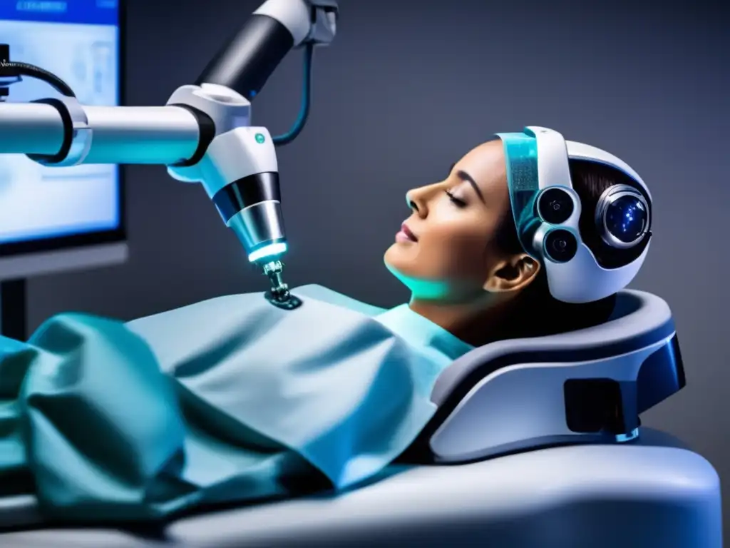 Robotic arm performing a precise microinjerto capilar on a patient's scalp, showcasing innovation in hair restoration
