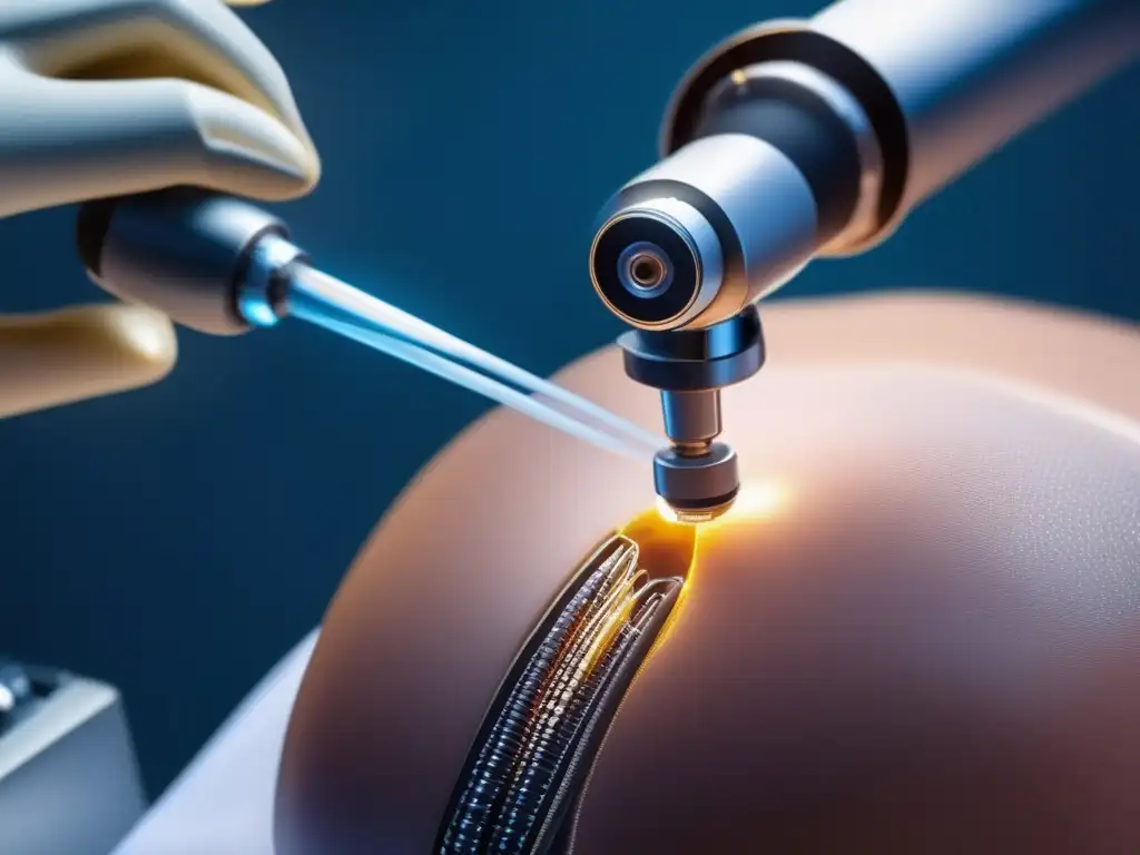 Robotic arm performing a precise microinjerto capilar assisted by robots, showcasing cutting-edge technology in hair transplant surgery