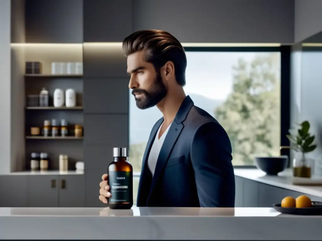 Un modelo masculino muestra confianza al sostener suplementos para la prevención de la calvicie en un elegante baño moderno.