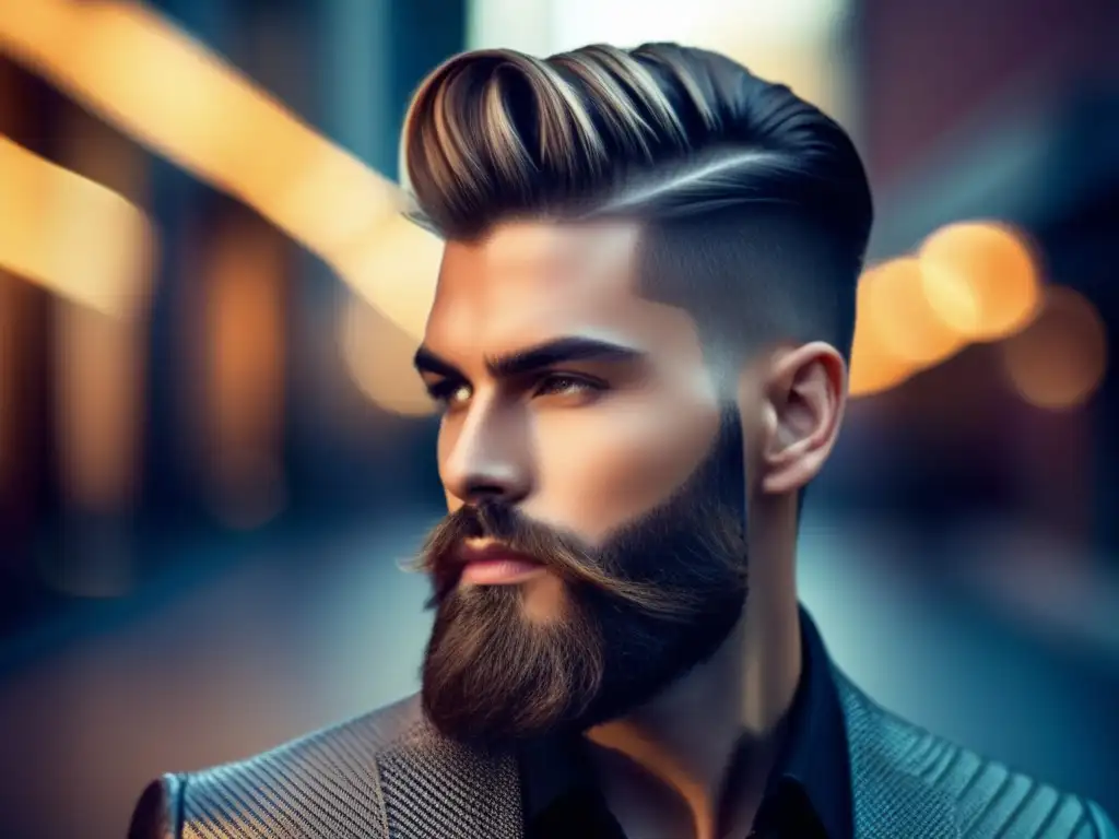 Un modelo masculino con corte de cabello moderno y tendencias en el cabello para hombres, luciendo sofisticado y seguro de sí mismo en un entorno urbano iluminado de forma dramática