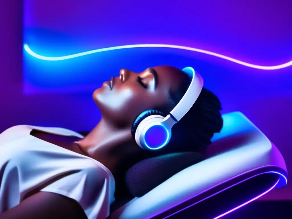 Un moderno tratamiento de sonoterapia para estimular crecimiento capilar, con luces azules y moradas que rodean la cabeza de la persona