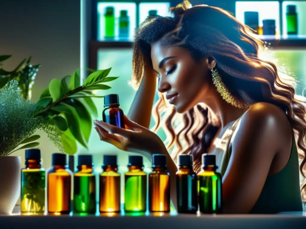 Una mujer aplica aceite esencial a su cabello, rodeada de plantas y botellas de aceite