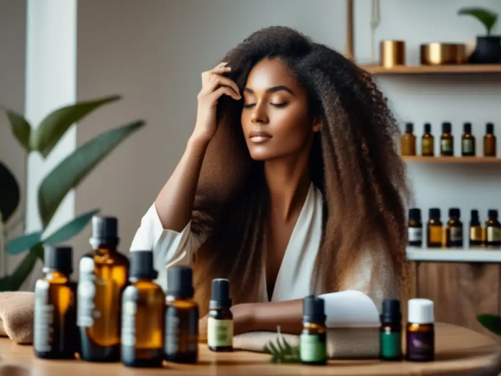 Una mujer aplica aceite esencial en su cabello, rodeada de productos naturales para el cuidado del cabello en una habitación luminosa, transmitiendo una sensación de serenidad y enfoque