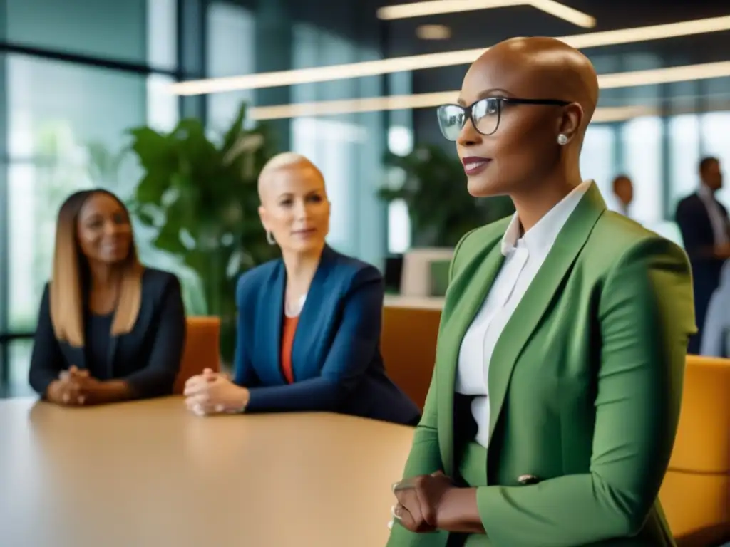 Una mujer con alopecia lidera una reunión en una oficina moderna y acogedora