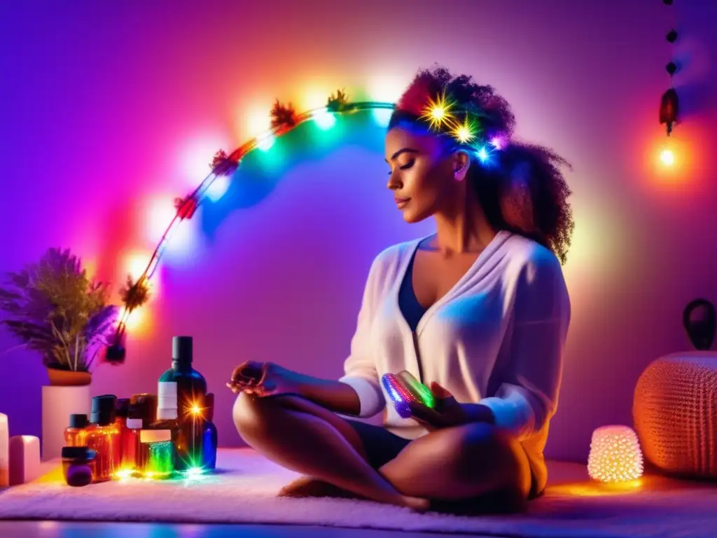 Una mujer en un ambiente luminoso con luces LED coloridas en su cabello, rodeada de herramientas de terapia alternativa