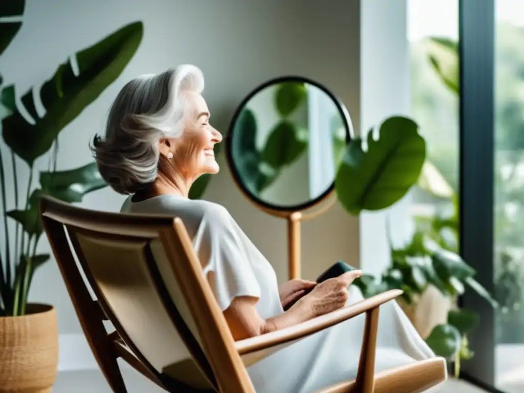 Una mujer de 70 años sonríe mientras examina su cabello voluminoso en un espejo, rodeada de luz natural y tranquilidad