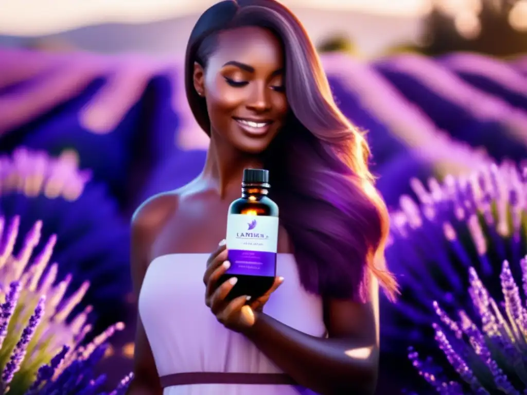 Una mujer de cabello brillante y saludable sostiene un frasco de aceite esencial en un campo de lavanda