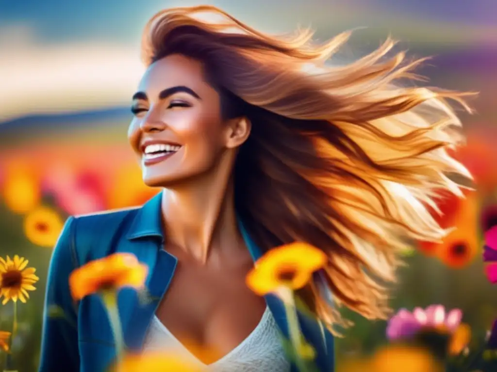 Una mujer con cabello brillante y saludable, de pie en un campo de flores vibrantes bajo el sol