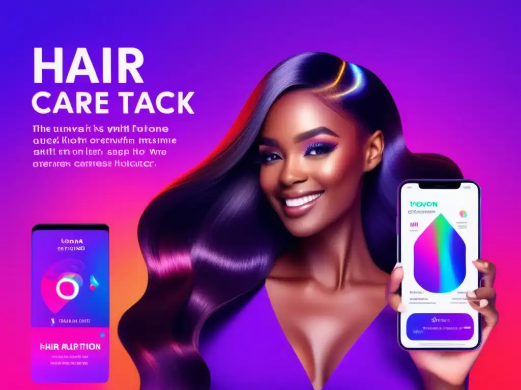 Una mujer con cabello brillante sostiene un smartphone con la app de tratamiento capilar abierta, rodeada de gráficos vibrantes y una interfaz fácil de usar