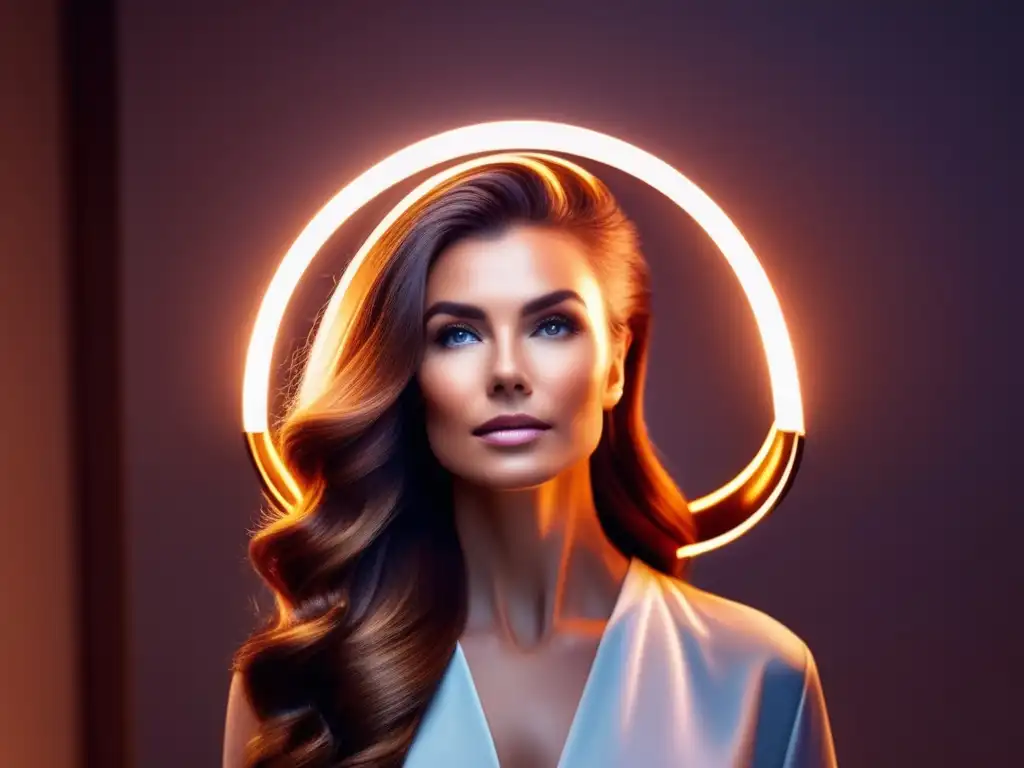 Una mujer de cabello brillante se encuentra bajo una terapia de luz para cabello, con un suave halo de luz alrededor de su cabeza