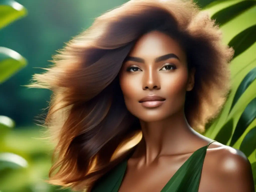 Mujer con cabello brillante y saludable en la naturaleza Una mujer con cabello brillante y voluminoso frente a exuberante vegetación, reflejando la vitalidad y el cuidado