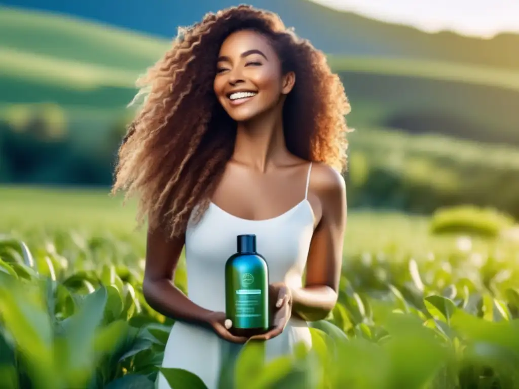 Una mujer con cabello exuberante y brillante sostiene un producto capilar ecológico en un campo verde, transmitiendo armonía con la naturaleza.