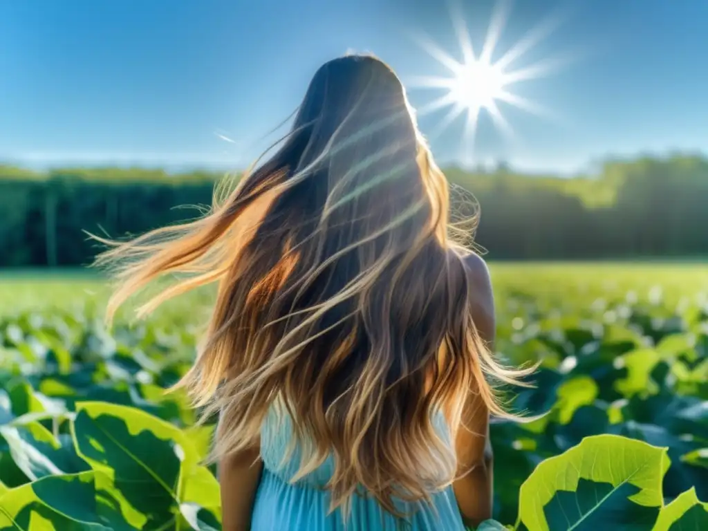 Una mujer con cabello hecho de hojas verdes exuberantes, en un campo bañado por el sol con un cielo azul claro al fondo