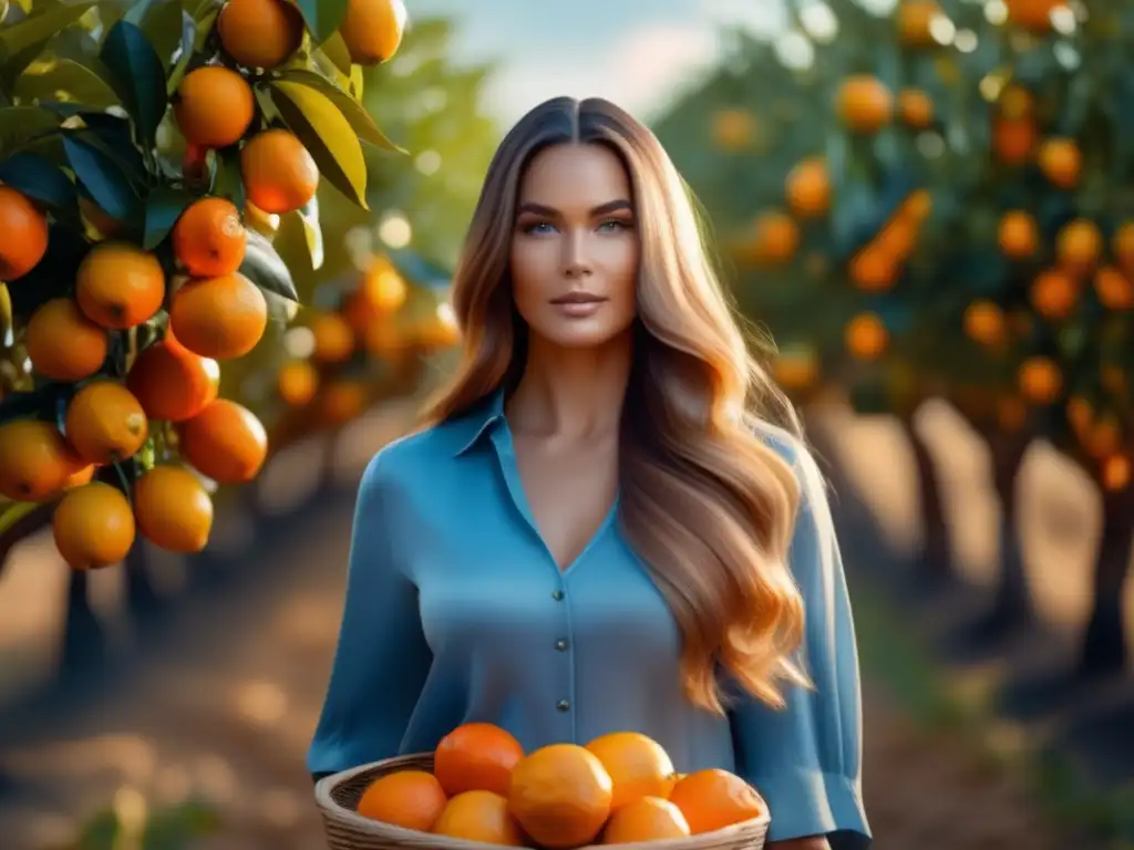 Una mujer con cabello largo y brillante en un campo de árboles frutales naranjas, sosteniendo una cesta de cítricos