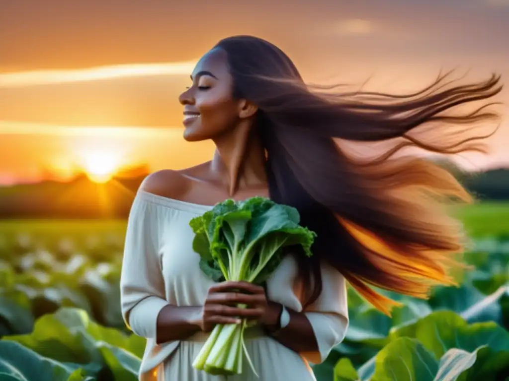 Una mujer con cabello largo, brillante y saludable, de pie en un campo de vegetales verdes vibrantes, sosteniendo un frasco de tratamiento capilar orgánico, con el sol poniéndose al fondo