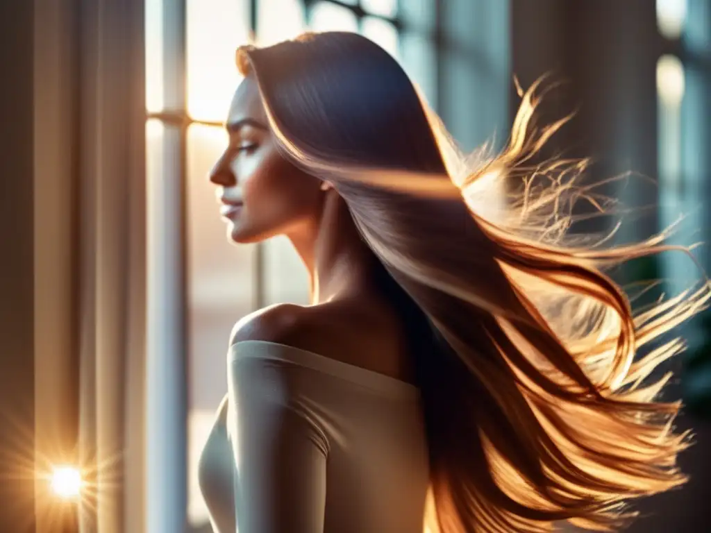 Una mujer con cabello largo y brillante, bañada por la luz solar en una habitación luminosa. Su cabello muestra vitalidad y belleza natural.