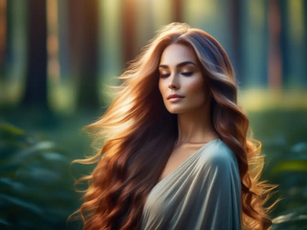 Una mujer con cabello largo y brillante en un claro de bosque soleado, reflejando la relación entre el estrés, la calidad del sueño y el cabello.