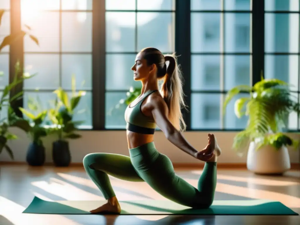 Una mujer con cabello largo y brillante atado en una coleta, vistiendo un elegante atuendo de ejercicio, practica yoga en una habitación soleada con grandes ventanas