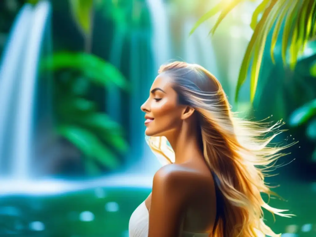 Una mujer de cabello largo bajo una cascada, capturando la luz del sol