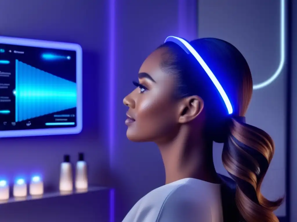 Una mujer con cabello largo lleva una diadema futurista con luces LED, conectada a una app de cuidado capilar