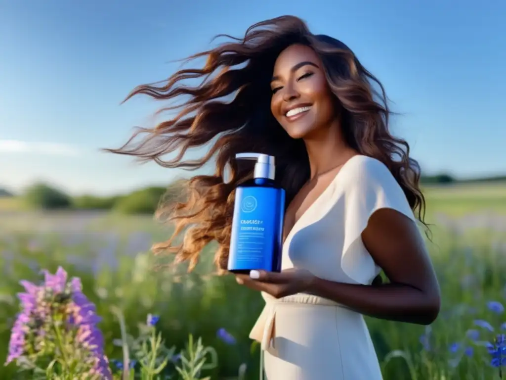 Una mujer con cabello ondulado y brillante sostiene un producto para estilismo ecológico en un campo soleado lleno de flores silvestres