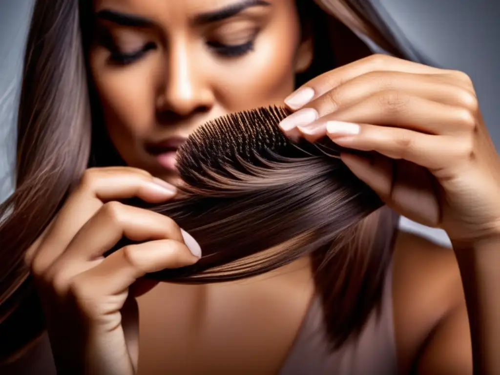 Una mujer examina detalladamente su cabello, diferenciando pérdida de cabello normal de la alopecia postparto.