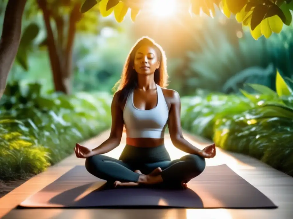 Una mujer en meditación fortalece su cabello, rodeada de naturaleza exuberante y luz cálida.