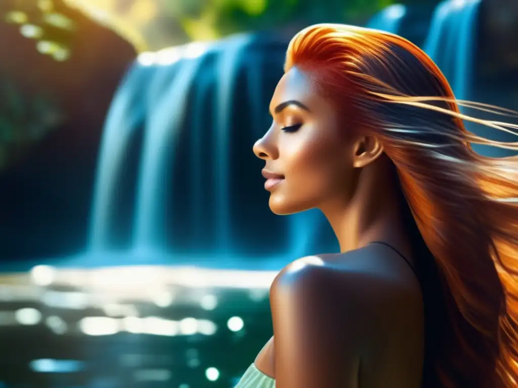 Una mujer de cabello vibrante disfruta de la hidroterapia capilar para fortalecer cabello bajo una cascada, con el agua reluciendo al sol