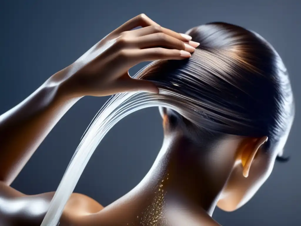 Una mujer aplica suavemente un champú transparente y nutritivo en su cabello fino, resaltando su delicadeza y el cuidado necesario para evitar la caída del cabello