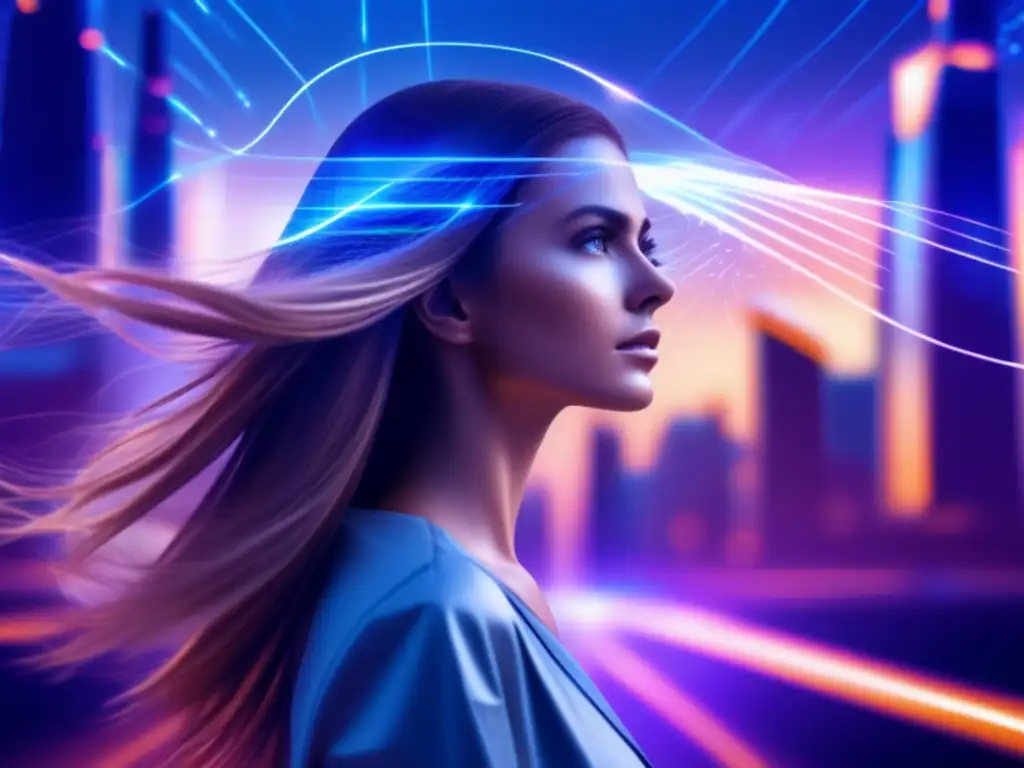 Una mujer en una ciudad futurista rodeada de señales digitales y ondas electromagnéticas que afectan su cabello