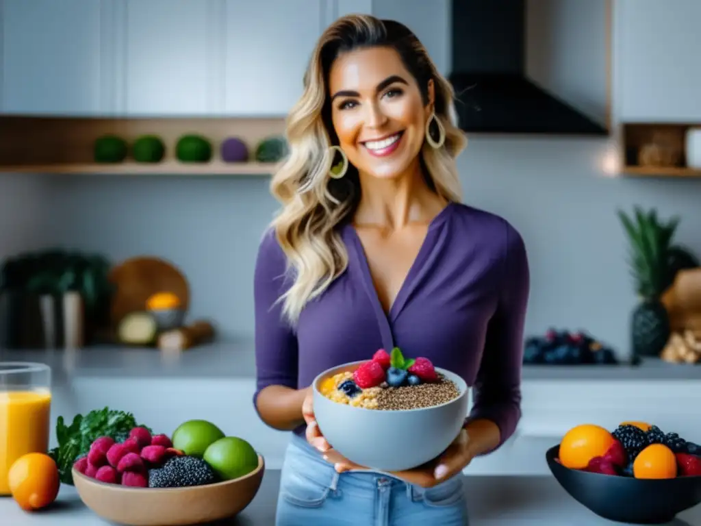 Una mujer en una cocina moderna, rodeada de superalimentos