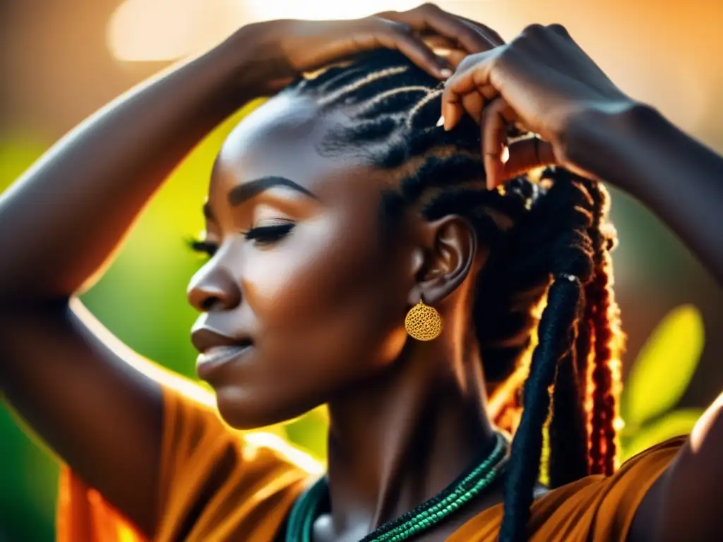 Una mujer de una comunidad africana aplicando un tratamiento natural en su cabello, resaltando la belleza de las prácticas tradicionales de cuidado del cabello en África