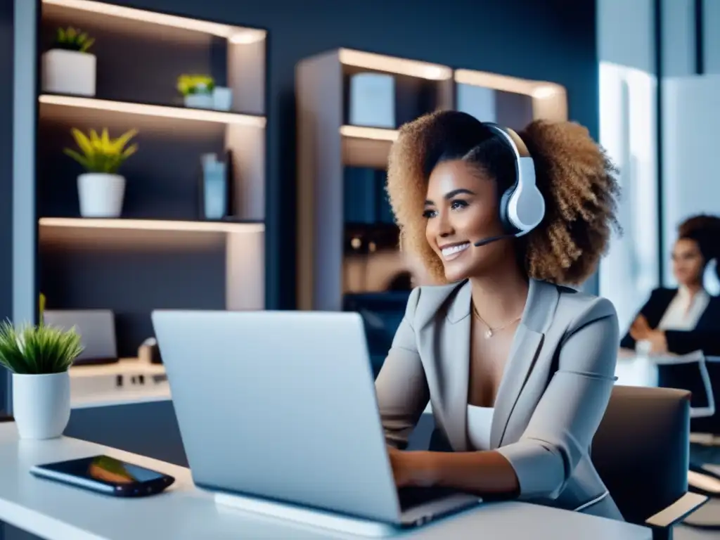 Una mujer se prepara para una consulta capilar virtual, hablando con un estilista en su laptop