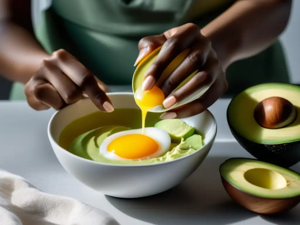 Una mujer mezcla con cuidado una mascarilla casera para el cabello con huevo, aguacate y miel en una cocina minimalista, creando una imagen visualmente impresionante y aspiracional