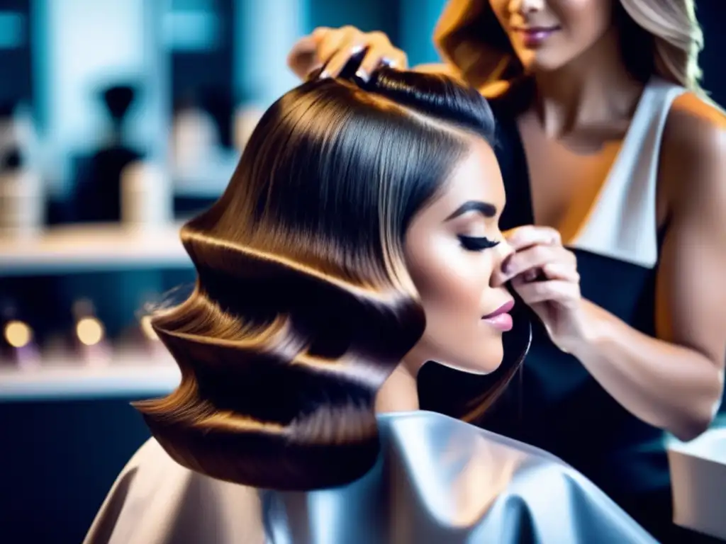 Una mujer recibe cuidados y peinados para pérdida de cabello postparto en un salón, reflejando profesionalismo y bienestar capilar.