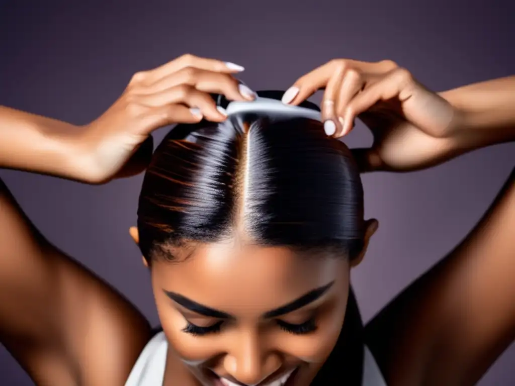 Una mujer aplica con delicadeza una mascarilla capilar de tratamiento, nutriendo su cabello con cuidado y detalle