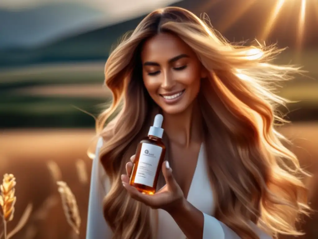 Una mujer empoderada aplica una ampolla anticaída cabello eficacia en un campo soleado, su cabello resplandece con vitalidad.