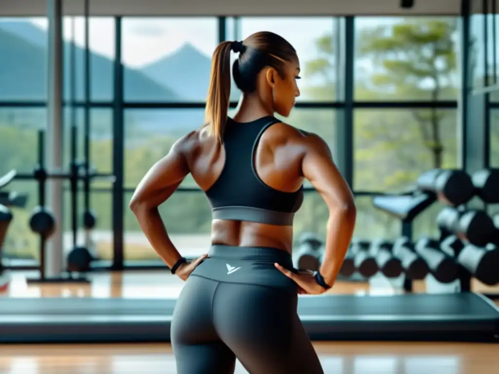 La mujer realiza entrenamientos beneficiosos para el cabello en un gimnasio moderno y luminoso, con paisaje exterior.