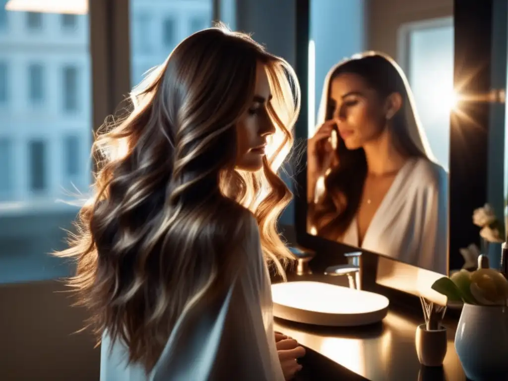 Una mujer se mira al espejo con expresión preocupada, acariciando su cabello