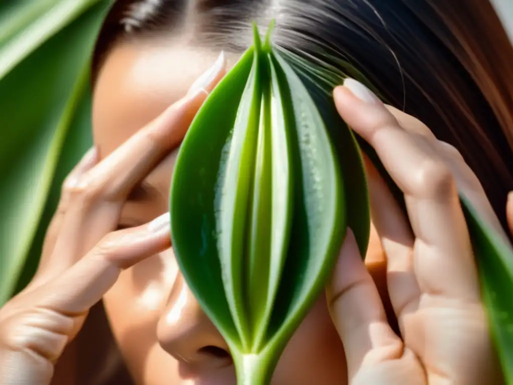 Una mujer aplica suavemente gel de aloe vera en su cuero cabelludo, resaltando su efecto terapéutico