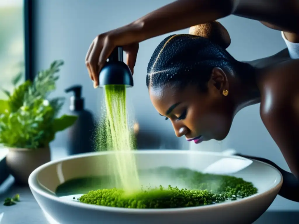 Una mujer vierte una infusión de hierbas sobre su cabello en un moderno baño, creando una atmósfera relajante y profesional.