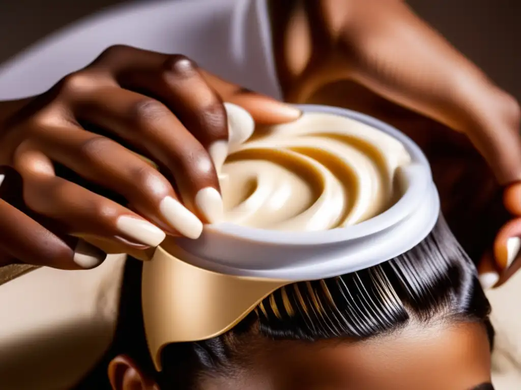 Una mujer aplica un lujoso tratamiento profundo para pérdida de cabello antes de dormir, mostrando detalle y cuidado en su ritual de cuidado capilar