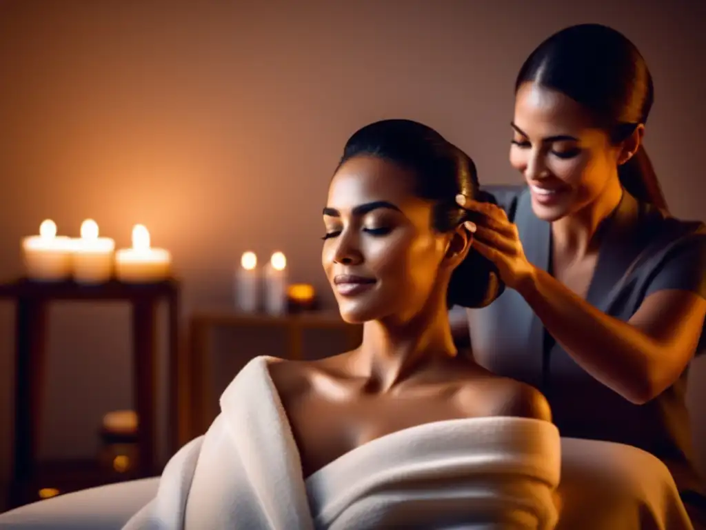 Una mujer disfruta de un masaje capilar en un lujoso spa, rodeada de una atmósfera relajante y elegante