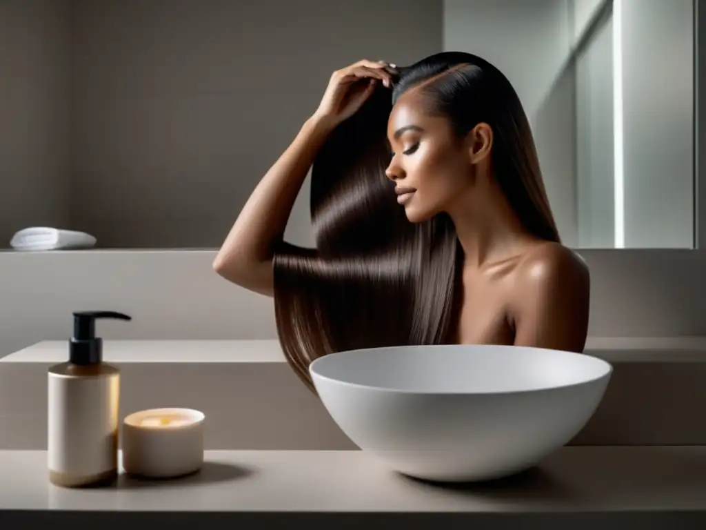 Una mujer aplica una mascarilla capilar en un baño moderno, transmitiendo profesionalismo y cuidado del cabello.