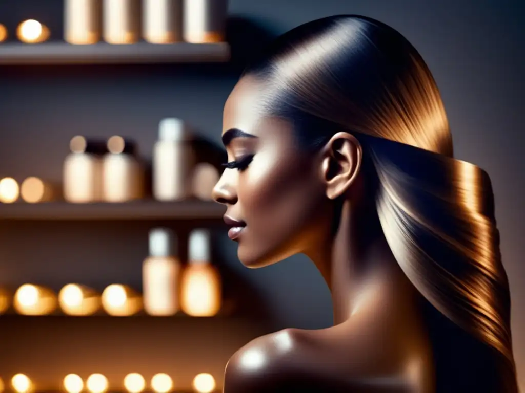 Una mujer aplicando una mascarilla capilar, con cabello brillante y un entorno de lujo