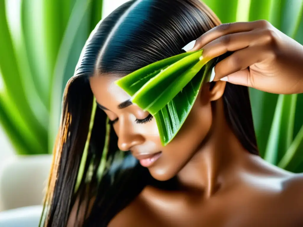 Una mujer aplica suavemente una mascarilla capilar de aloe vera, con cabellos brillantes y vibrante verde contrastando con su piel